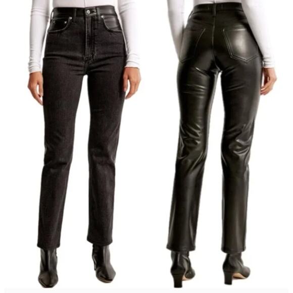 ABERCROMBIE & FITCH Ankle Straight High Rise Mixed Fabric Leather Sz 34/18R {R4} - Picture 2 of 6